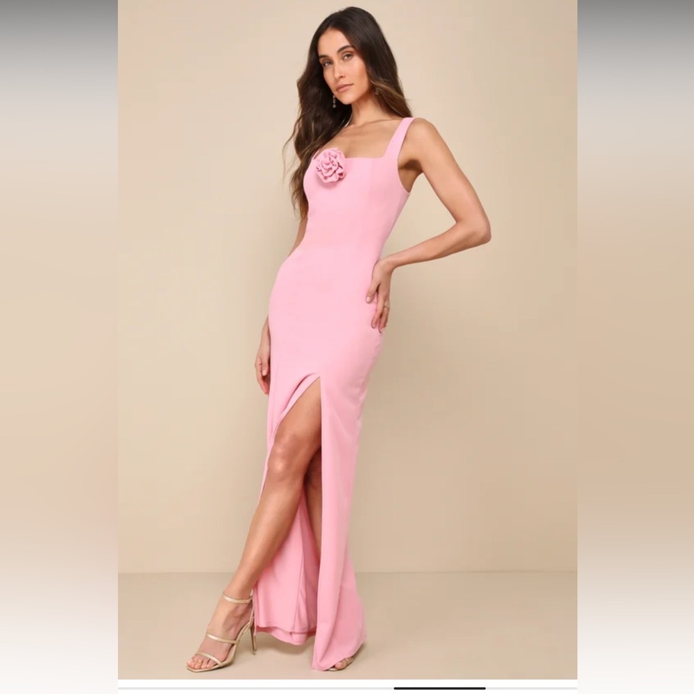 Adorable Allure Pink Rosette Square Neck Sleeveless Maxi Dress
